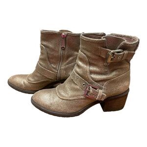 DONALD PLINER Sz 7.5 Leather Gold Glitter Buckle Ankle Delta Boots Feminine